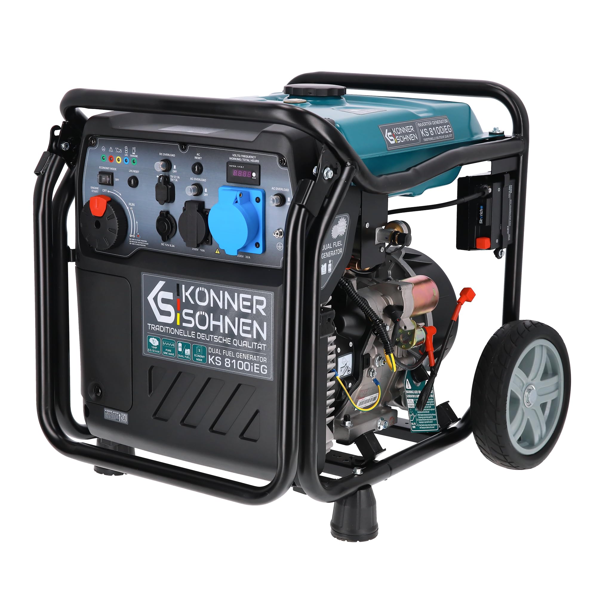 Könner & Söhnen KS 8100iEG LPG/petrol inverter generator 8000 W,with UK Plug Sockets 1 x 13A 230V,1 x CEE 230V 32A,2 USB ports,copper winding,dual fuel generator